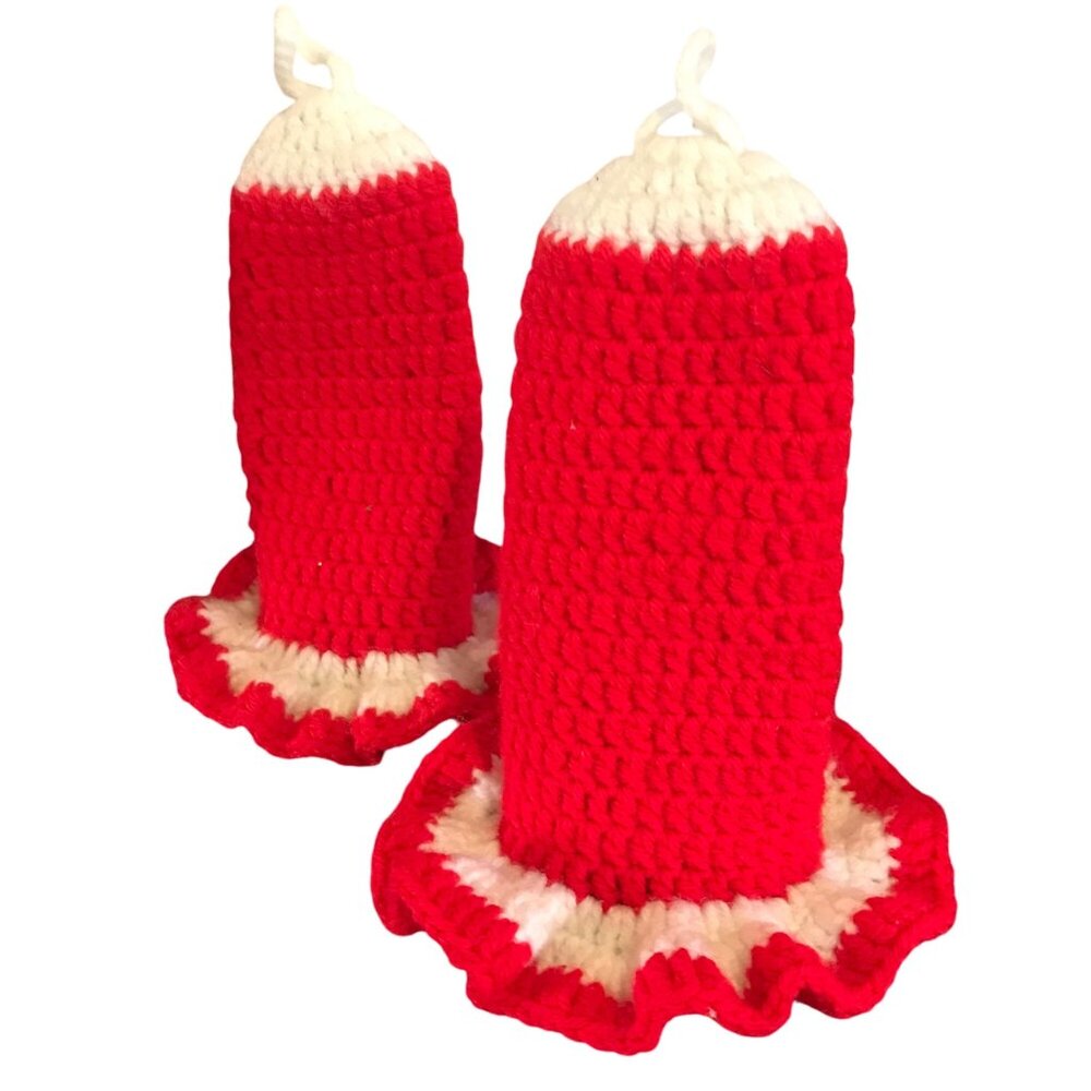 Crochet Candle Covers Red & White Christmas Handmade Home Decor 7 1/2 Inches Vtg